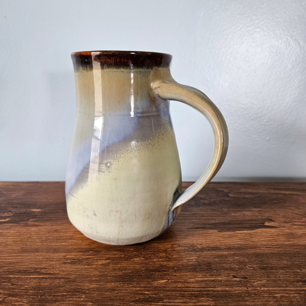 Handmade Studio Pottery Mug Signed Reactive Glaze Brown Blue Cream Teal 5.5"